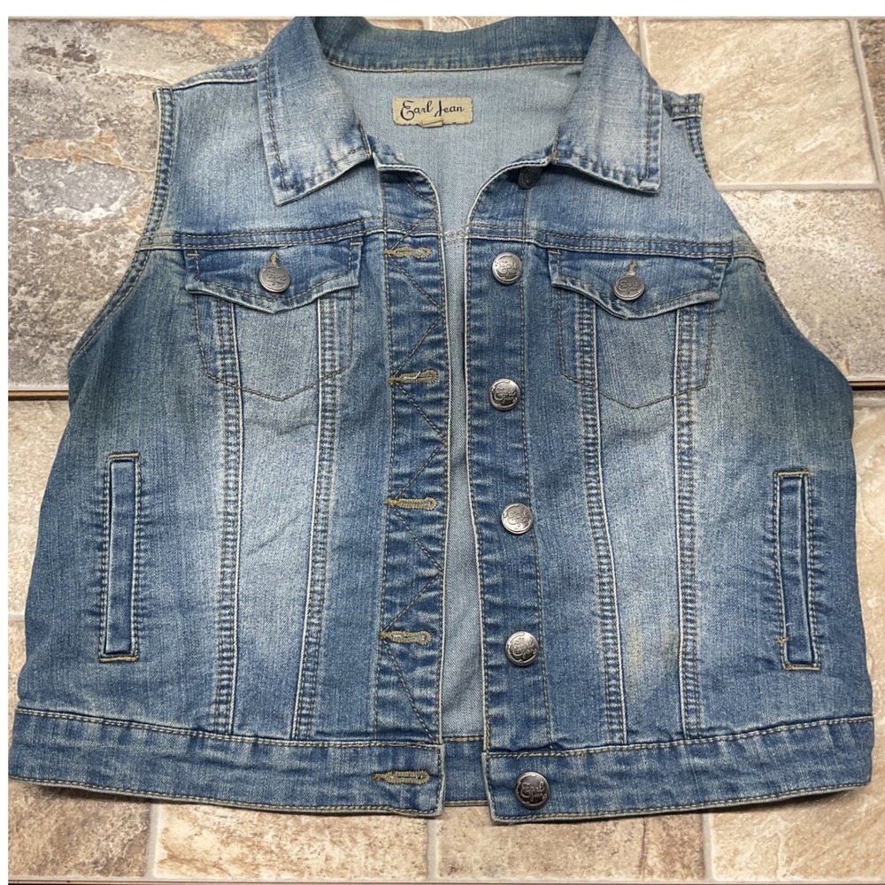 Earl Jean Womens Medium Wash Denim Vest Button Front Sleeveless Jacket Size M